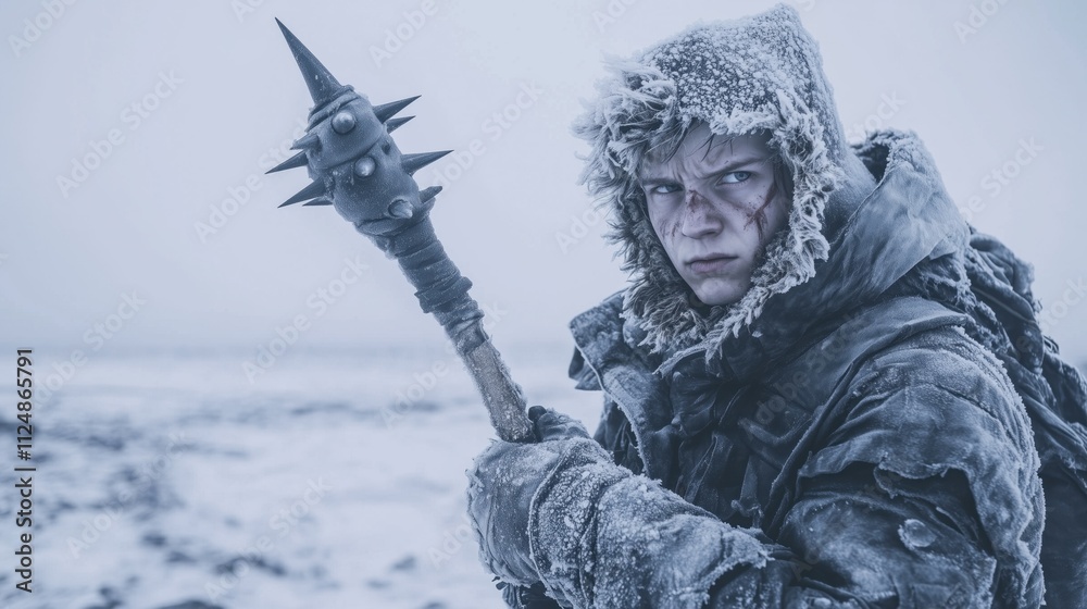 Obraz premium Survivor in icy post-apocalyptic world with spiked weapon, fierce determination