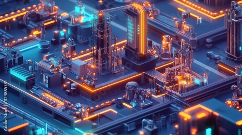 Futuristic technology factory with glowing machinery Gigantic high-tech production plant featuring advanced machinery  High-tech manufacturing plant with sleek modern machinery  High-tech ocean cleani photo