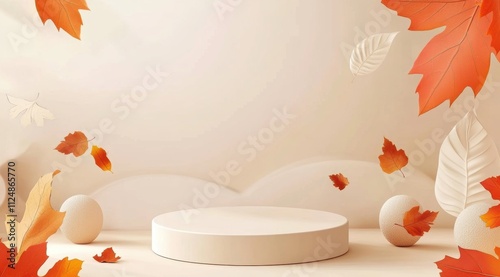3D podium mockup background for product presentation, with an autumn theme featuring leaves and a beige color palette. 