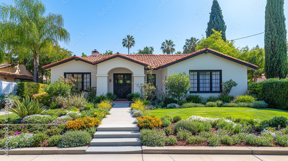 Beautiful house surrounded by vibrant landscaping on a sunny day Beautiful house surrounded by vibrant landscaping on a sunny day