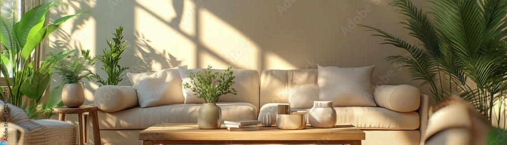 Cozy Sunlit Living Room with Modern Decor and Lush Green Plants Creating a Serene and Inviting Atmosphere Cozy Sunlit Living Room with Modern Decor and Lush Green Plants Creating a Serene and Inviting Atmosphere