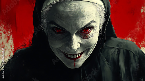 portrait of a evil scary nun smiling showing her red eyes and teeth