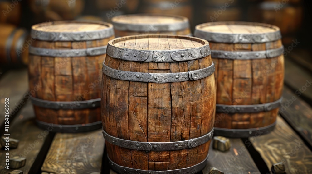 A collection of wooden barrels with metal bands, arranged on a wooden surface. A collection of wooden barrels with metal bands, arranged on a wooden surface.