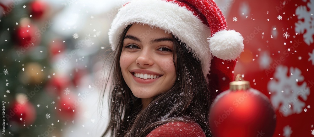 Festive Young Woman Smiling in Santa Hat Surrounded by Snowflakes and Christmas Decorations