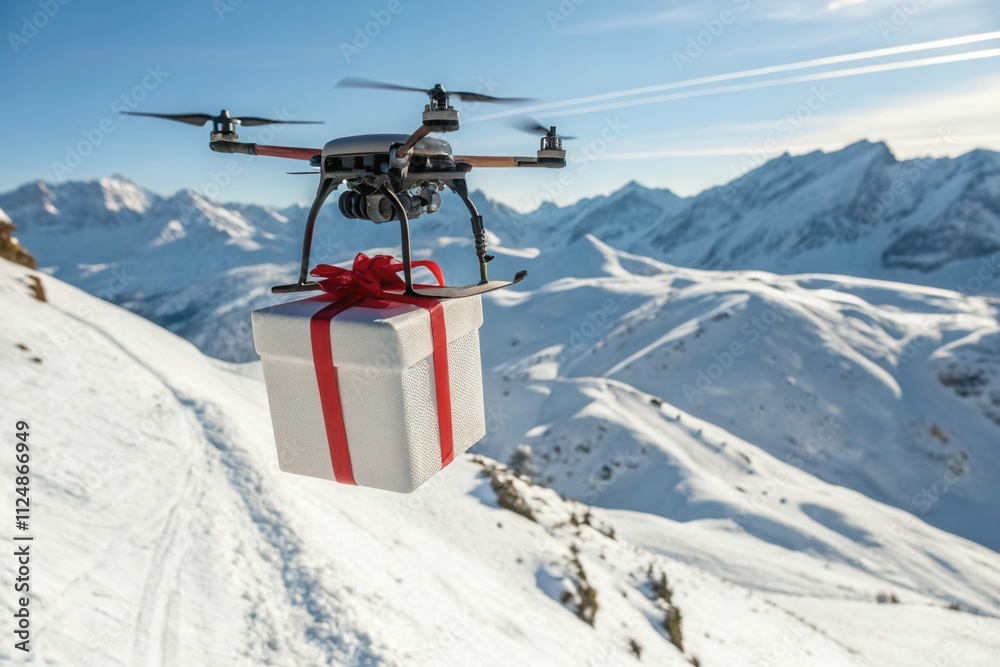 Obraz premium Drone delivering gift box over snowy mountain landscape.