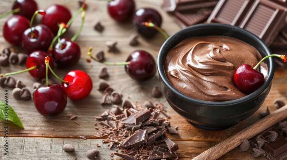 A delectable arrangement of chocolate mousse, cherries, and chocolate pieces on a wooden table. A delectable arrangement of chocolate mousse, cherries, and chocolate pieces on a wooden table.
