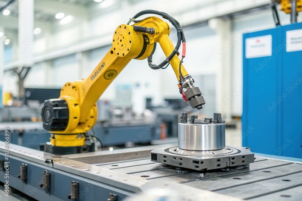 Industrial robotics: advanced yellow robotic arm in action at modern manufacturing facility. Industrial robotics: advanced yellow robotic arm in action at modern manufacturing facility.