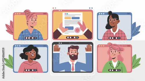 the people of diverse people on a video call. Each participant is displayed in their own rectangular screen, with one larger shared screen in the center showing a document being reviewed.