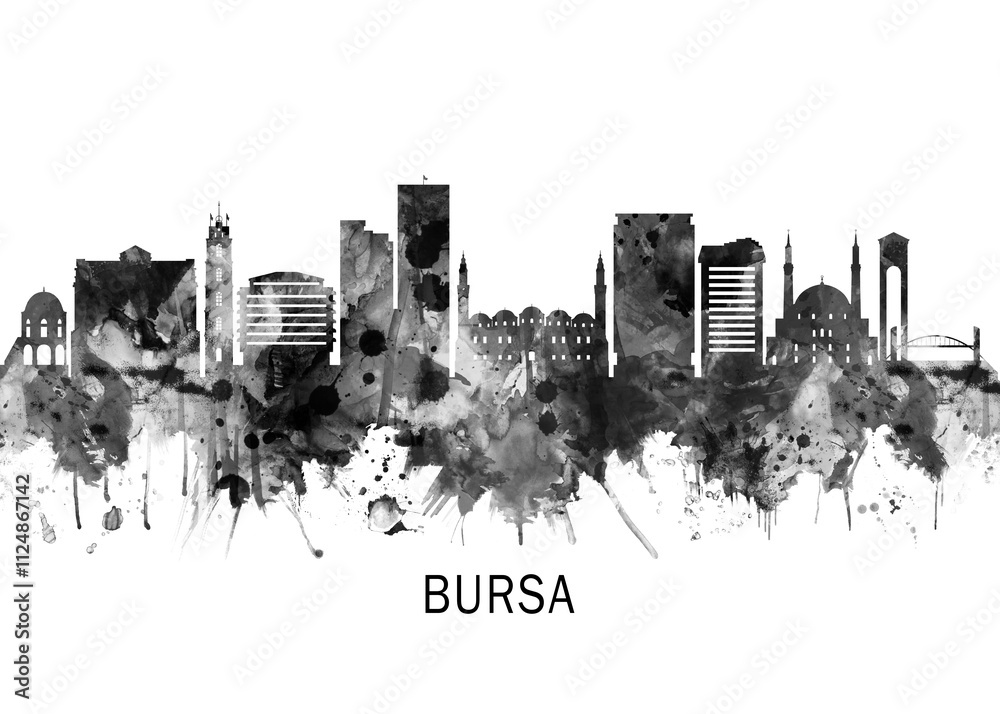 Obraz premium Bursa Turkey Skyline BW, cityscape buildings city skyline architecture illustration abstract modern painting travel poster landscape print urban art