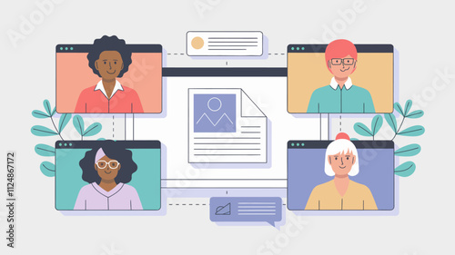 the people of diverse people on a video call. Each participant is displayed in their own rectangular screen, with one larger shared screen in the center showing a document being reviewed.