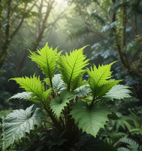 Green leaves of Gunnera magellanica on a branch , plant life , green photo