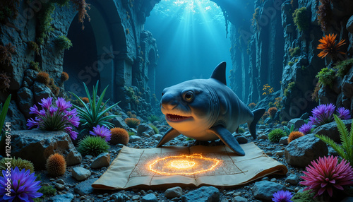 Curious baby shark examining an ancient treasure map surrounded by vibrant corals and underwater light