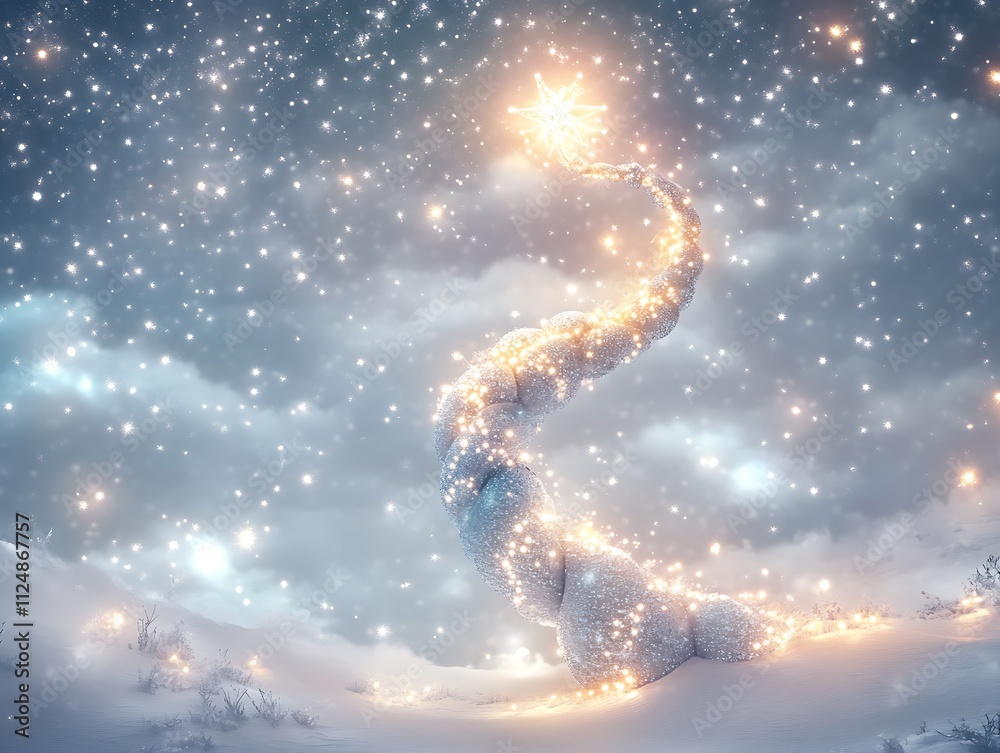 A magical scene of a glowing Christmas beanstalk in icy silver hues, spiraling into a snowy sky adorned with sparkling stars A magical scene of a glowing Christmas beanstalk in icy silver hues, spiraling into a snowy sky adorned with sparkling stars