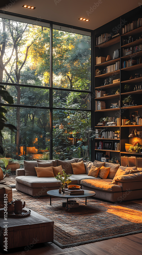 In the living room, a dark color scheme permeated the living room on a peaceful rainy day In the living room, a dark color scheme permeated the living room on a peaceful rainy day