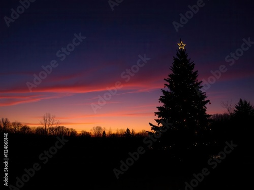 Christmas tree silhouette against a colorful sky at sunset, sunset, tranquil, silhouette