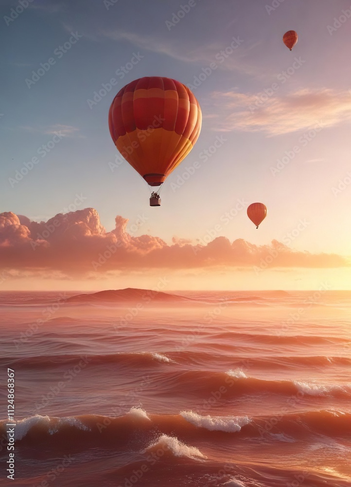 Obraz premium Hot air balloon in shades of red and orange suspended above a vast and open ocean with waves gently lapping against the shore , ocean, water, scenery