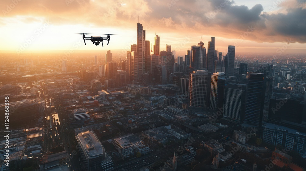 Drone over urban skyscrapers at sunset in vibrant cityscape. Drone over urban skyscrapers at sunset in vibrant cityscape.