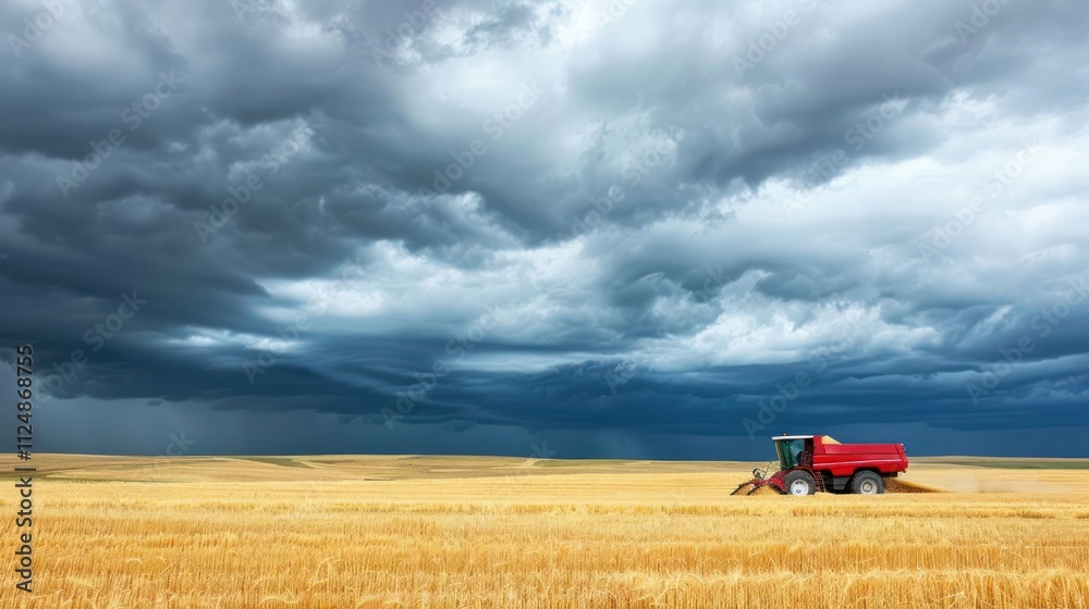 Obraz premium A red combine harvester in a golden field under a dramatic sky, preparing for harvest.
