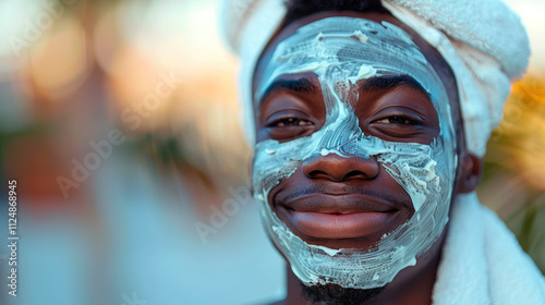 Relaxed black man enjoying facial mask in spa portrait image. African american guy smiling with towel wrapped around head picture photorealistic. Soothing skincare concept photo