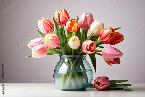 Beautiful bouquet of tulips in a vase with pink, purple, and yellow blooms, surrounded by green leaves, perfect for spring decoration and as a thoughtful gift