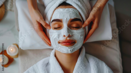 Relaxing facial spa treatment with candlelight portrait image. Woman enjoys rejuvenating massage, soothing mask picture photorealistic photography. Pampering time concept photo realistic