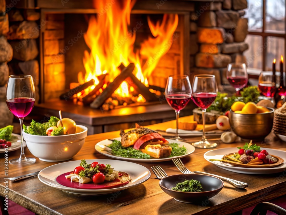 Captivating Food Photography by the Fireplace with Pink Flames, Showcasing Delicious Gourmet Dishes, Cozy Atmosphere, and Warmth for Culinary Inspirations and Winter Gatherings Captivating Food Photography by the Fireplace with Pink Flames, Showcasing Delicious Gourmet Dishes, Cozy Atmosphere, and Warmth for Culinary Inspirations and Winter Gatherings