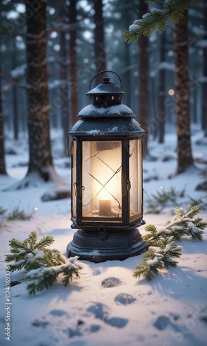 Lantern in the frosty woods with snow-covered ground and softly lit pine branches, peaceful woods, serene atmosphere