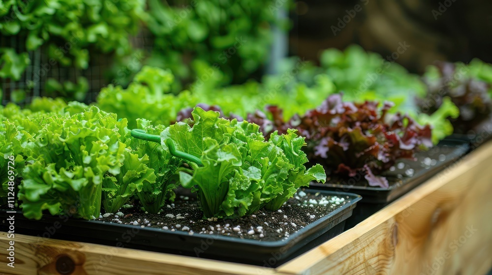 Fresh lettuce varieties growing in trays, showcasing urban gardening and sustainable practices. Fresh lettuce varieties growing in trays, showcasing urban gardening and sustainable practices.