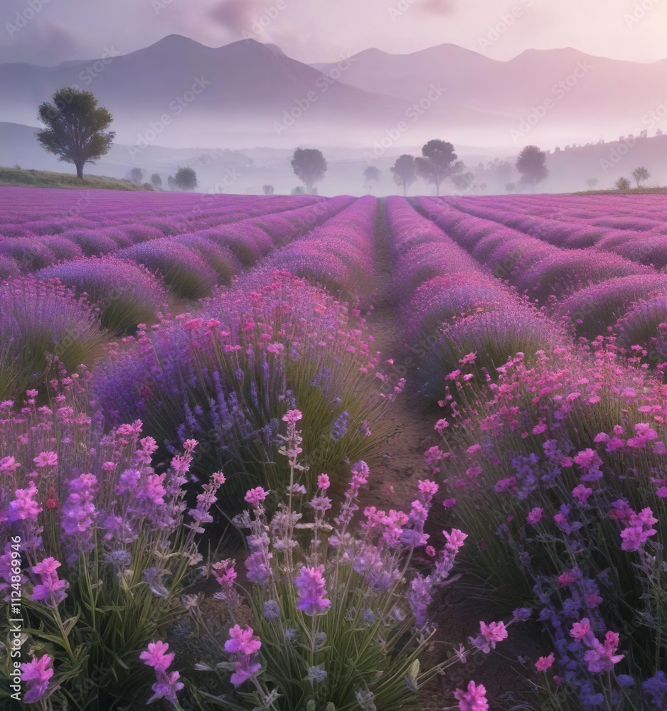 Fototapeta premium Lavender fields with pink wildflowers in a misty landscape, misty landscape, garden