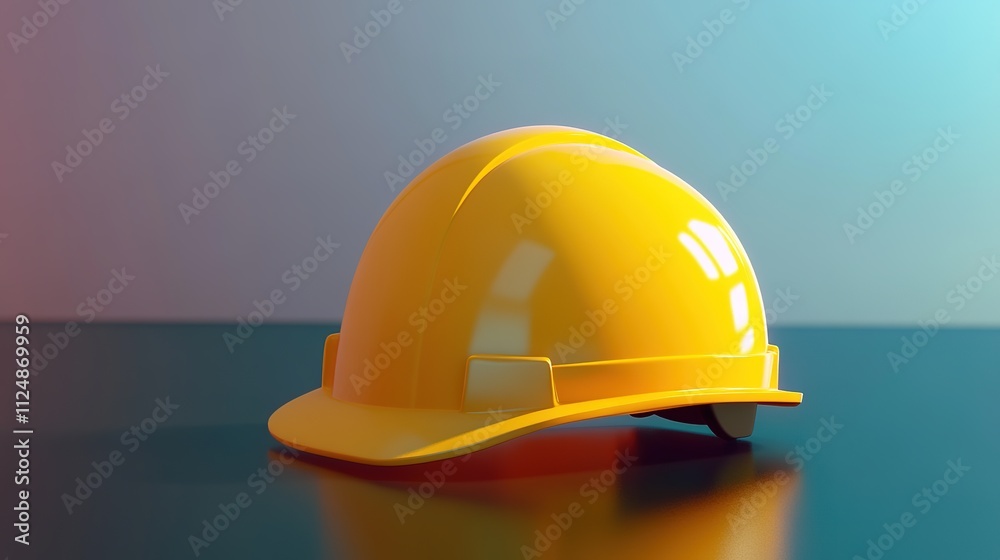 Fototapeta premium Bright yellow hard hat on reflective surface with gradient background