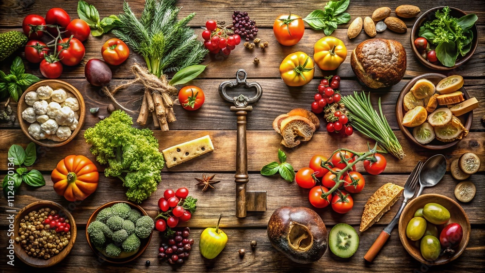 Captivating Food Photography Featuring a House Key Amidst a Gourmet Meal Spread on a Rustic Wooden Table, Perfect for Home and Culinary Themes Captivating Food Photography Featuring a House Key Amidst a Gourmet Meal Spread on a Rustic Wooden Table, Perfect for Home and Culinary Themes