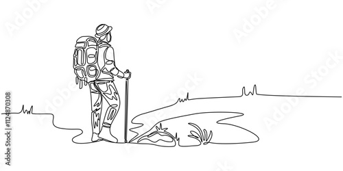 Continuous single one drawn line of the tourist character tourist with a backpack on a halt, Single continuous line drawing man hiker with backpack and map hiking in mountains or forest and exploring.