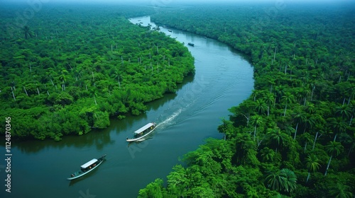 Aerial view of boats navigating a winding river through lush green forest.