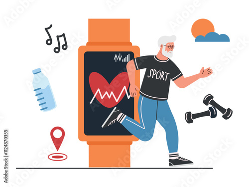 Elderly sportsman uses smart watch for counting steps. Fitness tracker with mobile phone app - step counter, pedometer, activity heart rate monitoring. Grandfather jogger. Modern wireless technology.