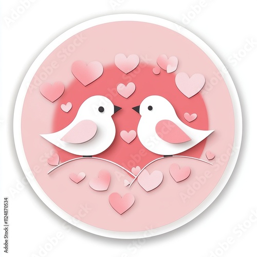 Cute Love Birds and Pink Hearts in Paper Cut Style Sticker, a pink round sticker design with a white border 