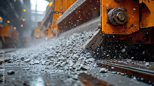 close up of concrete recycling process showing crushed material and machinery. scene captures industrial environment and