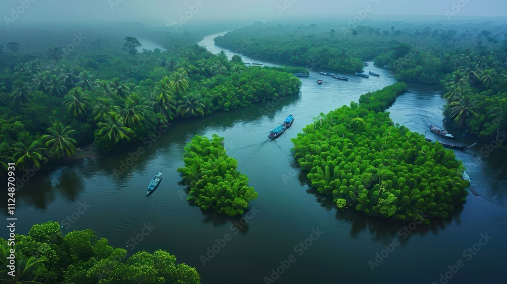 Aerial view of a winding river surrounded by lush greenery and boats navigating through. Aerial view of a winding river surrounded by lush greenery and boats navigating through.