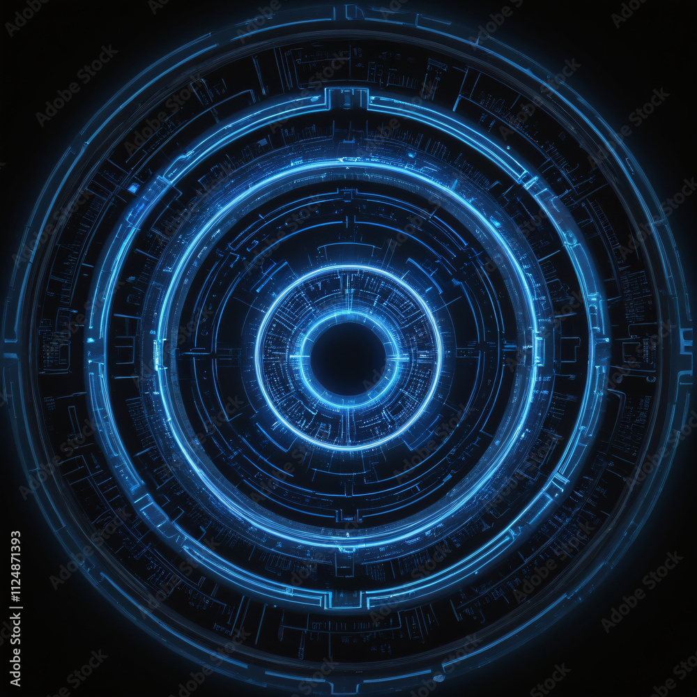 Abstract Futuristic Technology Circular Interface Design Glowing Blue Neon Lights Digital HUD User Interface Sci-Fi Background