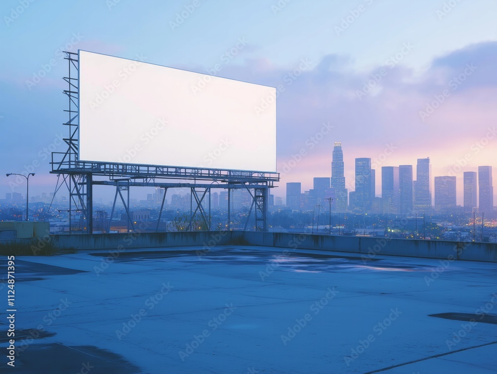 Blank Billboard on Rooftop at Dawn Over Los Angeles City Skyline: Advertising Opportunity Blank Billboard on Rooftop at Dawn Over Los Angeles City Skyline: Advertising Opportunity