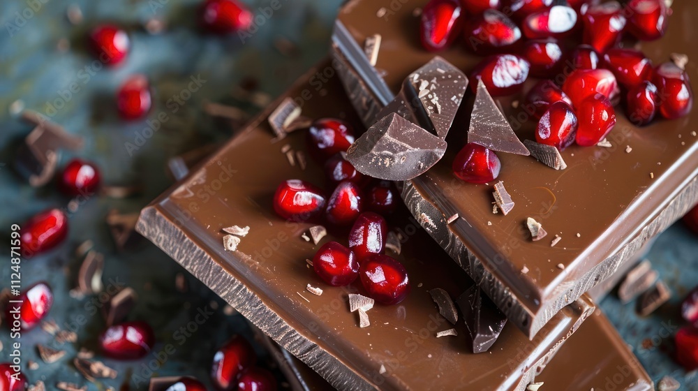 A close-up of chocolate bars topped with pomegranate seeds, showcasing a delicious treat. A close-up of chocolate bars topped with pomegranate seeds, showcasing a delicious treat.