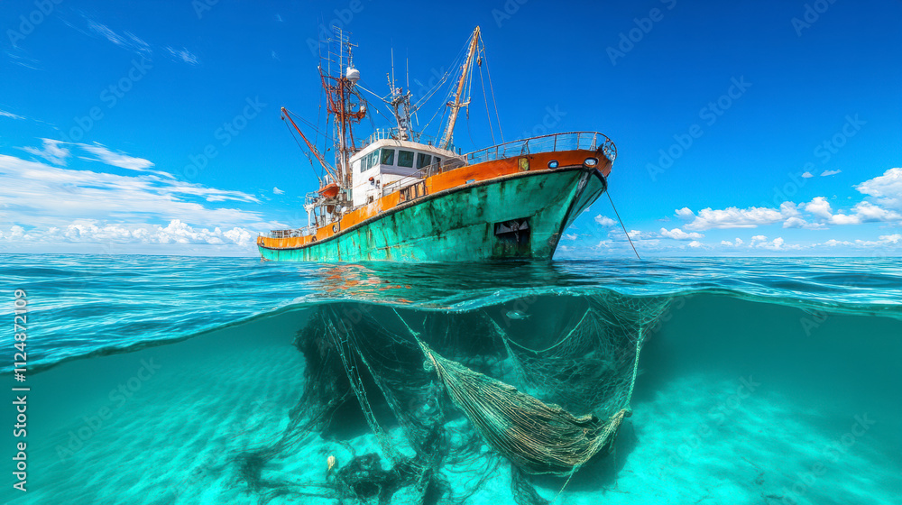 Obraz premium Fishing Boat Navigates Clear Blue Waters While Submerged Nets Loom Beneath the Surface in the Vast Ocean During a Sunny Day