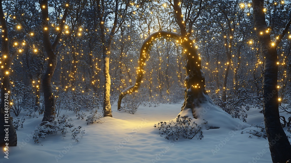 A whimsical winter forest where a beanstalk breaks through snowy ground, illuminated by golden Christmas fairy lights A whimsical winter forest where a beanstalk breaks through snowy ground, illuminated by golden Christmas fairy lights