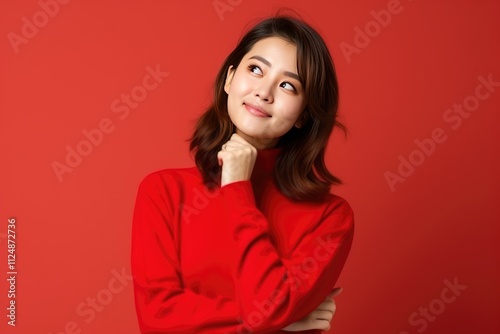 Cheerful Woman with Crimson Hairdo Smiling on Colored Background