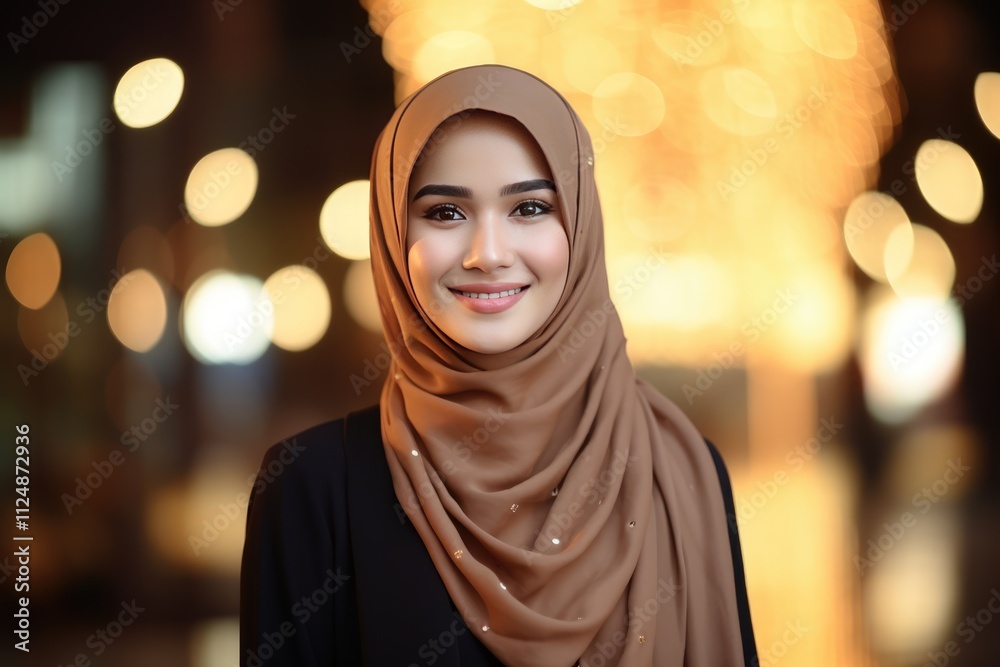Cheerful Woman hijab Smiling in City at Night Cheerful Woman hijab Smiling in City at Night