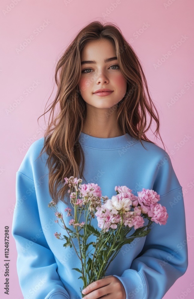 Beautiful Young Woman in Blue Sweatshirt Holding Bouquet, Isolated on Pink Background Beautiful Young Woman in Blue Sweatshirt Holding Bouquet, Isolated on Pink Background