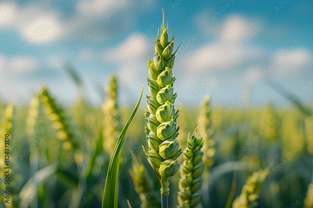 Close-up of green wheat ears in a sunny field, agricultural and natural concept, ideal for farming and eco-friendly designs Close-up of green wheat ears in a sunny field, agricultural and natural concept, ideal for farming and eco-friendly designs