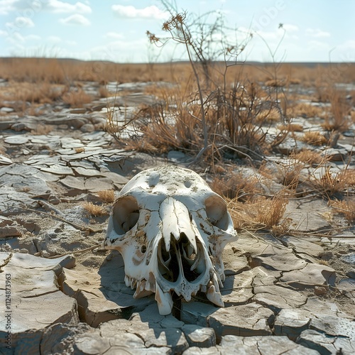 Animal skull resting on dry, cracked soil in an arid landscape under a clear sky, symbolizing drought and environmental challenges, ideal for climate awareness projects photo