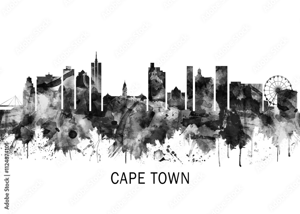 Cape Town South Africa Skyline BW, cityscape buildings city skyline architecture illustration abstract modern painting travel poster landscape print urban art