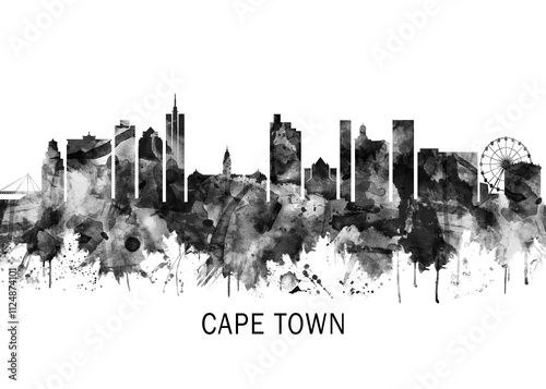 Cape Town South Africa Skyline BW, cityscape buildings city skyline architecture illustration abstract modern painting travel poster landscape print urban art