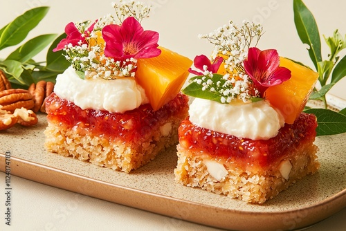 Delicious dessert squares topped with fruit and edible flowers on a plate. photo